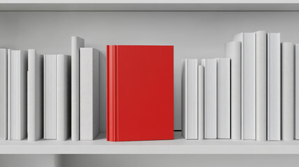 Obraz premium Books on white bookshelf, bestseller mockup with red cover stand on shelf in library or store. Booklets, diary volumes with empty spines stand in row at rack hang on wall, realistic 3d vector mock up