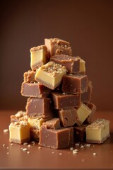 A delectable pile of creamy fudge squares, with some featuring a crunchy topping, sits invitingly on a brown surface. The rich, chocolatey hues are visually appealing. Generative AI
