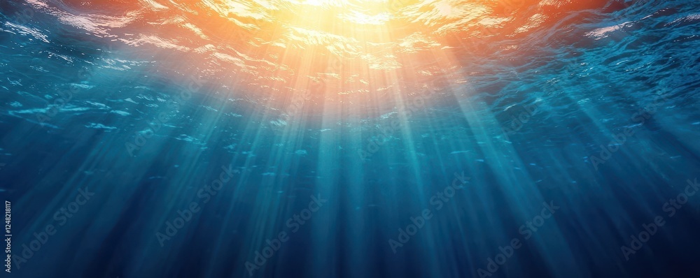 Aufkleber A serene underwater scene with sunlight filtering through the water, creating a beautiful display of light and shadows in shades of blue.