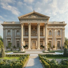 Obraz premium Grandiose Neoclassical Mansion Architecture with Formal Garden and Sculptures Estate Facade