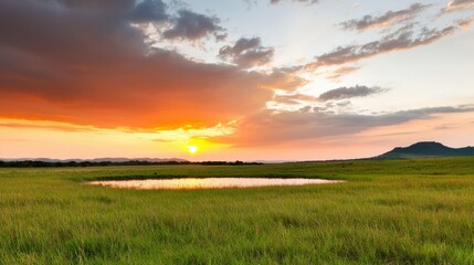 Obraz premium A serene landscape featuring a vibrant sunset over a grassy field with a small pond, surrounded by gentle hills and a colorful sky.