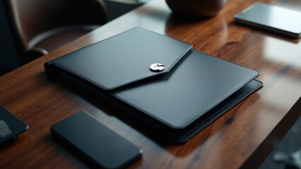A sleek black leather folder mockup on a wooden desk, surrounded by smartphones.