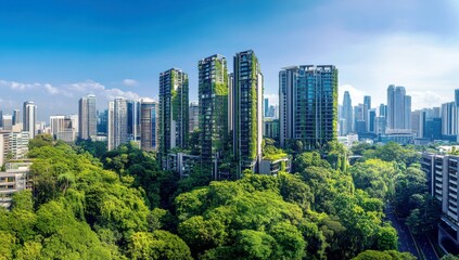 Obraz premium Lush Urban Landscape with Modern High-Rise Buildings Surrounded by Green Trees and a Clear Blue Sky in a Vibrant City Environment
