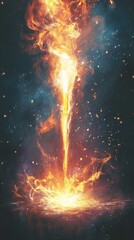 Intense Celestial Fireball Energy Emanating Skyward with Fiery Particles in a Cosmic Backdrop