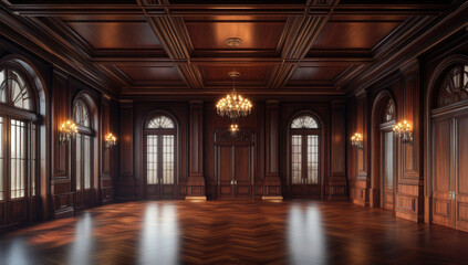 Elegant Dark Wood Interior with Ornate Wall Panels and Vintage Lighting