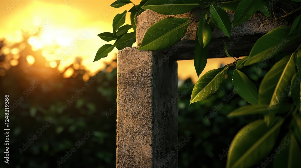 Poster a stone structure framed by lush green leaves, illuminated by the warm glow of a sunset, creating a 