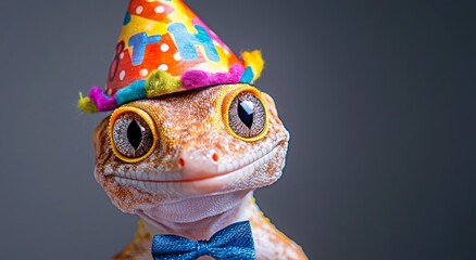 Happy Gecko Celebrating Birthday in Colorful Party Hat