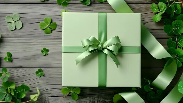 St Patrick's day sale design template. Green gift box with clover leaves on wooden background. Realistic holiday elements.