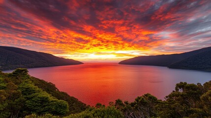 Fototapeta premium A stunning sunset paints the sky in vibrant hues of orange and red, reflecting beautifully on a calm lake surrounded by lush hills.