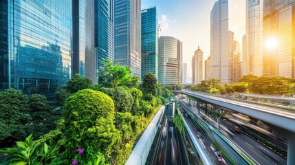 Fototapeta premium A vibrant cityscape at sunrise, showcasing modern skyscrapers, lush greenery, and bustling roads, blending nature with urban architecture.