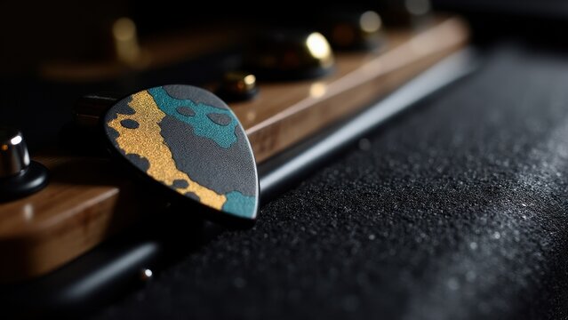 Close-up of a guitar pick mockup with a textured design, resting on a guitar body.
