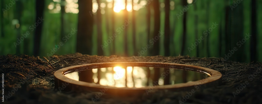 Poster A serene forest scene features a circular mirror reflecting sunlight, surrounded by lush greenery and creating a peaceful atmosphere.