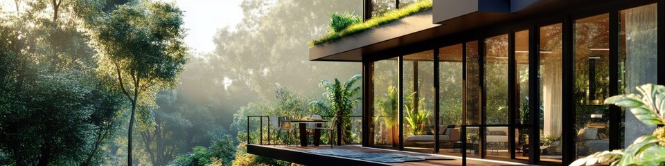 Modern architectural design of a luxury house surrounded by lush greenery on a sunny day, showcasing glass walls and outdoor living space.