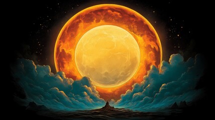 A stunning celestial artwork with a glowing sphere dominates the sky above a cloud-covered landscape The planet is bright and radiant