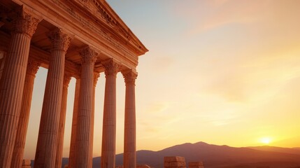 Fototapeta premium A stunning sunset illuminates ancient columns, highlighting the grandeur of classical architecture against a mountainous backdrop.