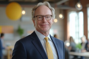 Fototapeta premium Professional man in a modern office setting smiles during a busy workday