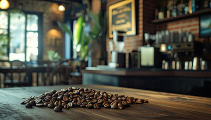 Pile of Fresh Coffee Beans on Rustic Wooden Table in Cozy Cafe Setting