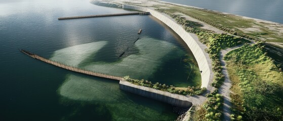 Aerial view of a coastal area featuring a curved pier, tranquil waters, and lush greenery, showcasing a blend of nature and infrastructure.