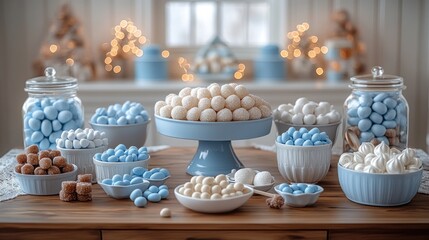 Naklejka premium Festive candy buffet, winter home, light bokeh