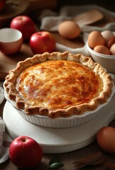 Freshly baked apple pie on wooden table with fresh apples and eggs ready for dessert preparation in a cozy kitchen setting for food photography