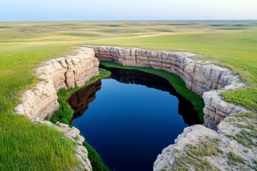 Serene Natural Oasis Surrounded by Lush Green Grasslands and Rocky Cliffs Reflecting the Clear Blue Sky and Calm Waters in a Remote Landscape