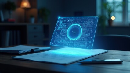 Holographic business card mockup on a desk with documents and a pen, featuring a digital clock interface.