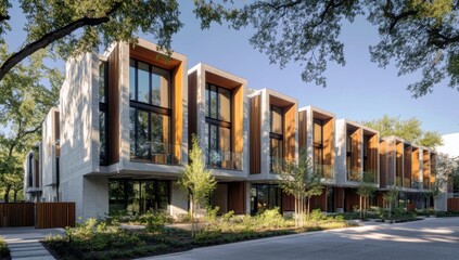 Fototapeta premium Modern residential architecture featuring sleek lines, large windows, and natural materials in a serene urban landscape surrounded by lush trees