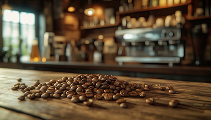 Pile of Fresh Coffee Beans on Rustic Wooden Table in Cozy Cafe Setting