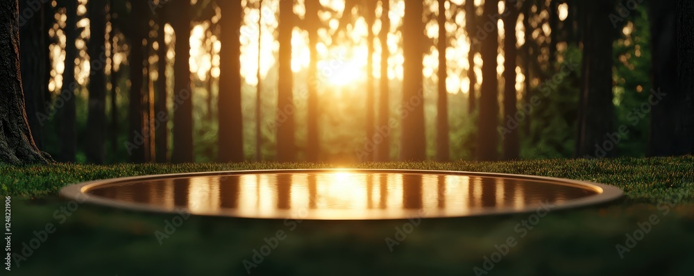 Aufkleber a serene forest scene featuring a reflective pool of water illuminated by the golden light of a sett