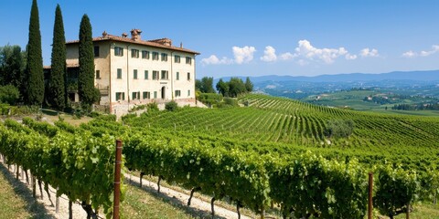 A picturesque vineyard landscape features rows of grapevines, a charming villa, and rolling hills under a bright blue sky.