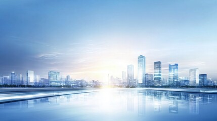 Fototapeta premium Urban skyline reflected in water during sunrise, showcasing modern architecture and serene atmosphere