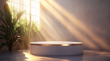 Fototapeta premium Gold-topped white cylindrical podium glowing in soft sunlight; great for showcasing high-end products or luxury-themed visuals.