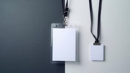 Lanyard mockup featuring two blank ID badges with black lanyards on a split background.