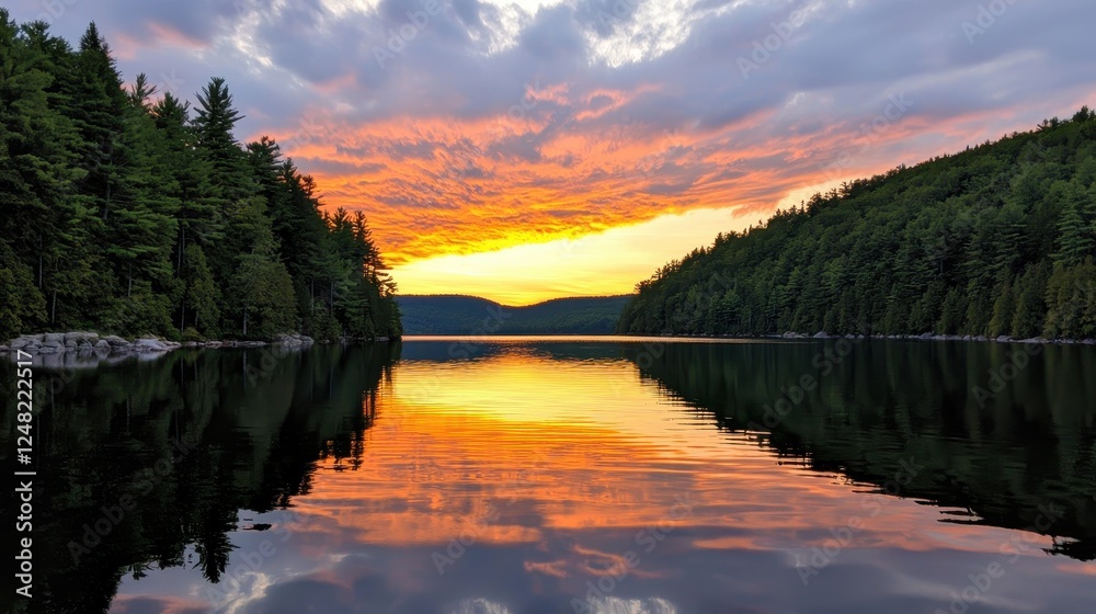 Poster a tranquil lake reflects a vibrant sunset, surrounded by lush forests and soft clouds, creating a se
