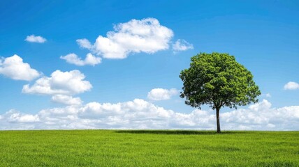Obraz premium Lone tree on green field under sunny blue sky with white clouds