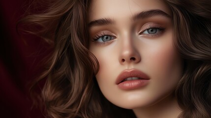 Fototapeta premium Captivating close-up of a young woman with wavy hair and striking blue eyes under soft lighting