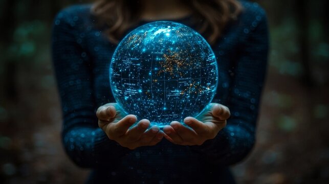 Businesswoman Holding Holographic Globe with Sustainable Energy Data in Dynamic Digital Eco Focused Environment
