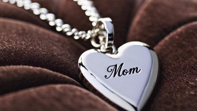 A shiny silver heart pendant with 'Mom' engraved is elegantly placed on plush brown velvet. This close-up showcases the jewelry's detail and sentimental value.