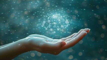 Floating holographic technology icons held in a hand against a smooth blue background