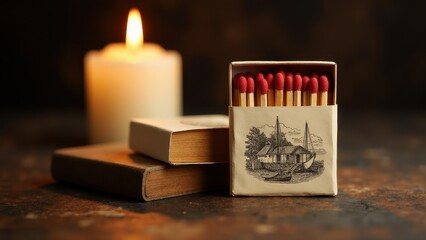 A matchbox mockup with red-tipped matches, a lit candle, and books in the background, creating a warm and nostalgic atmosphere.