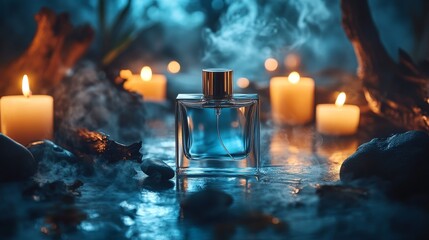 Glass perfume bottle on wooden table amidst candlelit and misty ambiance