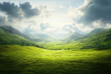 Obraz premium Majestic green valleys under a serene sky with fluffy clouds and grazing sheep nestled in the tranquil hills of the countryside