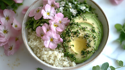 minimalist flat-lay of organic vegan sushi bowl with avocado, quinoa, and edible flowers on marble slab, soft natural light, pastel pink background, hyper-detailed food photography