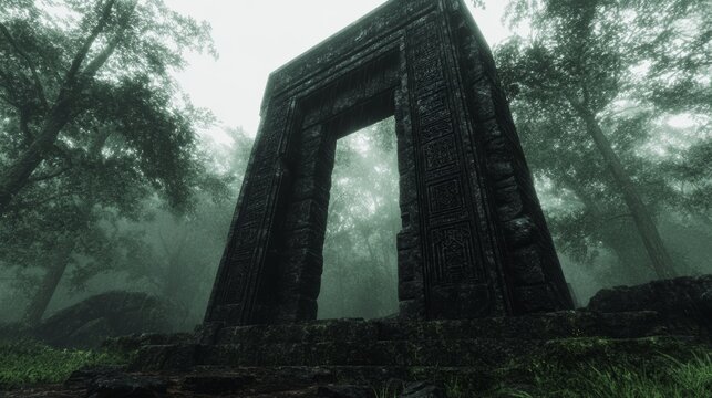 Mysterious stone portal in a misty forest overgrown with moss The ruins beckon towards an unknown destination in the ethereal woods