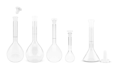 A set of transparent volumetric flasks with stoppers isolated on a white background. Laboratory...