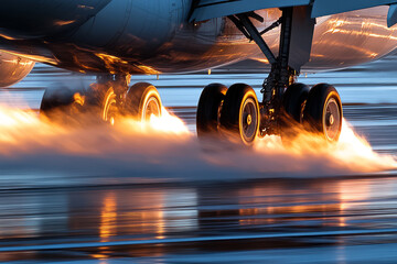 Airplane landing gear touching down on wet runway with water spray at sunset