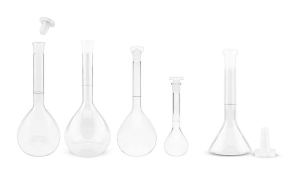 A set of transparent volumetric flasks with stoppers isolated on a white background. Laboratory glassware used for precise liquid measurement in scientific research.