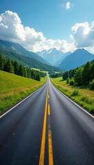 Fototapeta premium Blacktop highway stretches into distant summer landscape, wildflowers bordering , sun, horizon, road