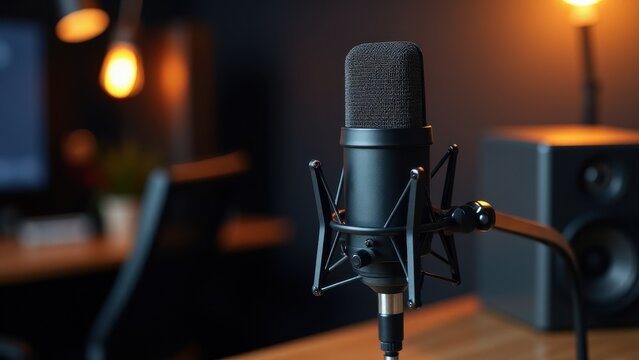 A microphone mockup in a professional studio setting with warm lighting and blurred background elements.
