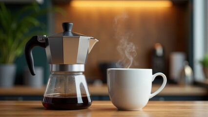 A steaming mug of coffee next to a moka pot on a wooden table, perfect for a mug mockup.